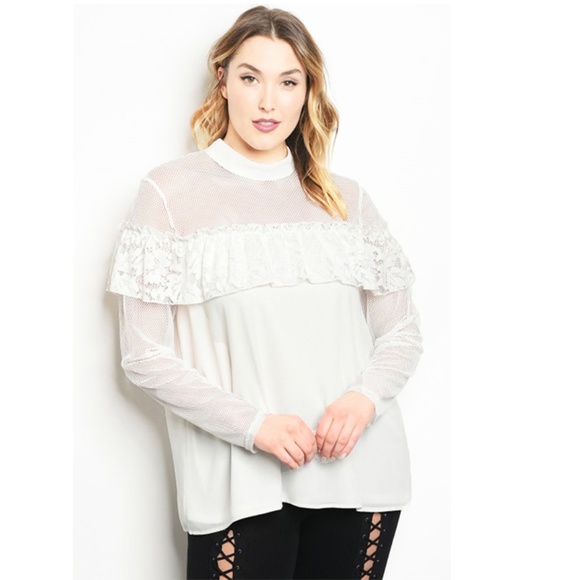 PLUS Ivory Victorian Gothic Lace Trim Chiffon Top - Picture 2 of 8